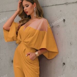 Glamaker Sheer Mesh Yellow Batwing Sleeve Jumpsuit (Yellow Jumpsuit Elegant) SM